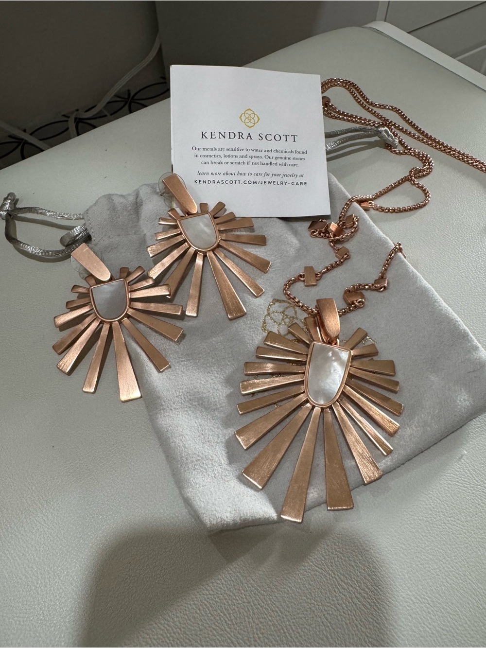 Kendra Scott Rose Gold Sunburst Pendant & Earrings with Mother-of-Pearl